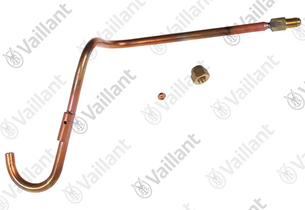 Kupferrohr mit gebogenem Ende und Anschlussstücken von Vaillant, geeignet für Heizungsinstallationen. Einzelteile liegen auf hellem Hintergrund.